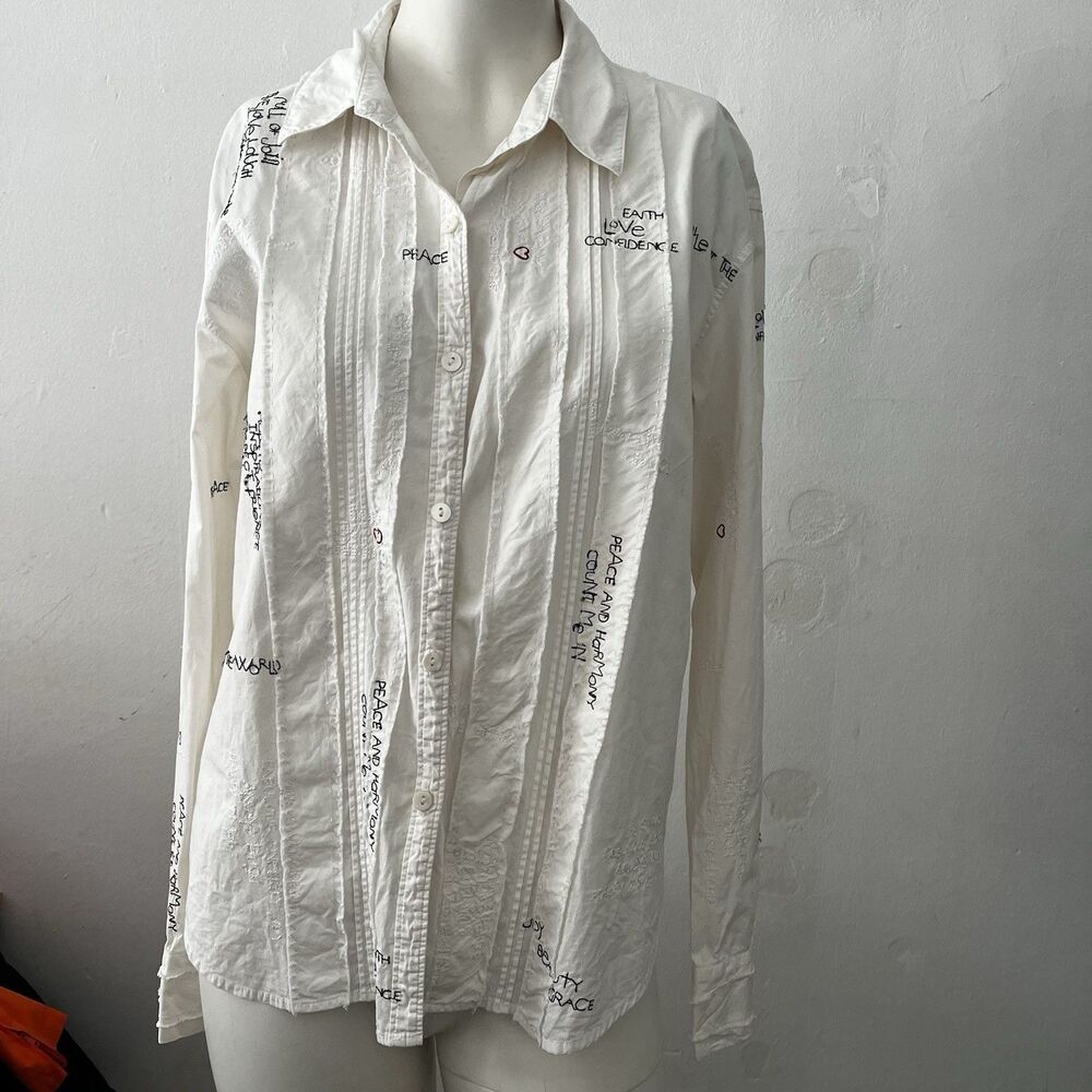 Chico’s White Shirt 1 Embroidered Funky Artsy Romantic Hippie Western w/stains